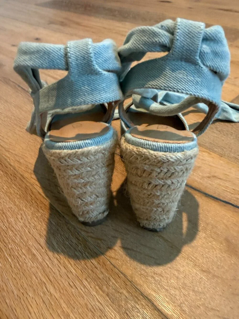 French Texto Espadrilles from the Cote d' Azure Light Blue Denim & Jute Heel 4